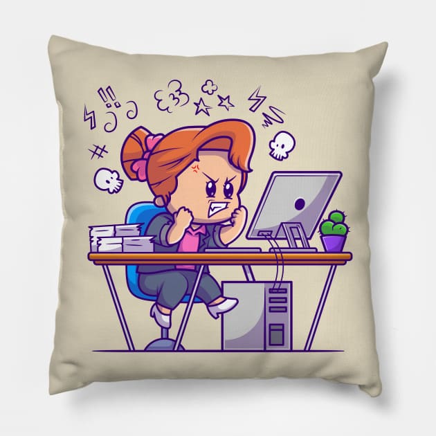 Angry Girl Working On Computer Cartoon Pillow by Catalyst Labs