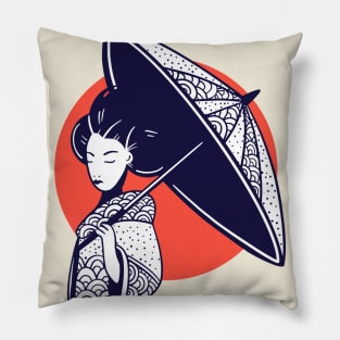 Vintage Sketch of a Japanese Woman in Kimono with Parasol Pillow