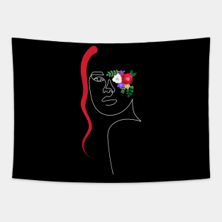 Flowers Lady with Red Hair | One Line Drawing | One Line Art | Minimal | Minimalist Tapestry