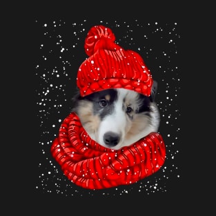 Sheltie Wearing Red Hat And Scarf In Snow Christmas T-Shirt