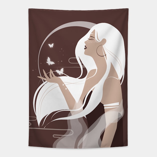 Celestial art, Moon art, Celestial butterfly print, Halloween, Witch art, Woman with long white hair, Aesthetic art Tapestry by KristinityArt