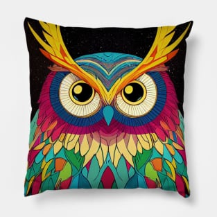 Colorful Owl Portrait Illustration - Bright Vibrant Colors Bohemian Style Feathers Psychedelic Bird Animal Rainbow Colored Art Pillow