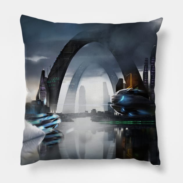 Yes, Another Sci Fi City Pillow by Illoostrader