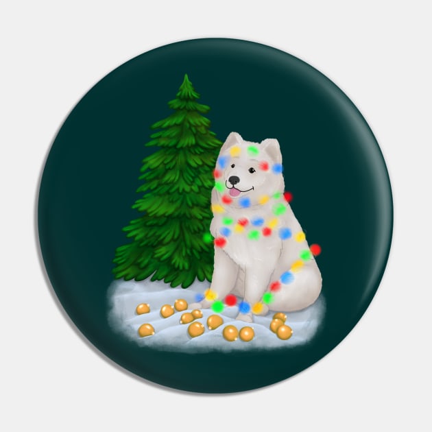 White fluffy Samoyed dog tangled in multicolored fairy lights Pin by illograph