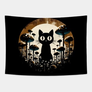 Funny Retro Black Cat in Mushroom Garden Tapestry