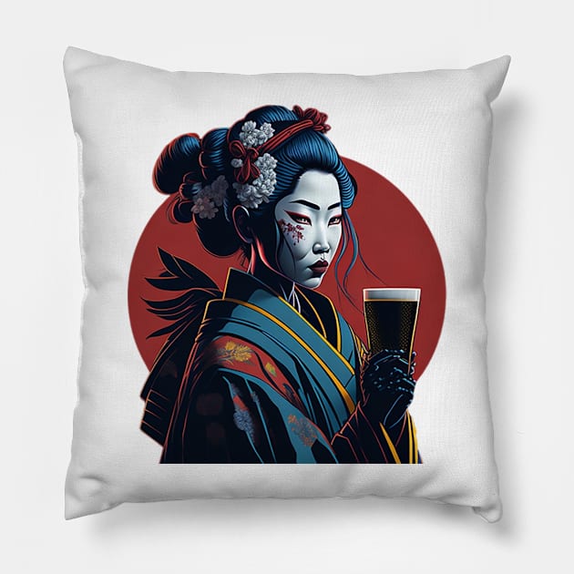 Japanese Geisha With A Beer Mug Pillow by likbatonboot