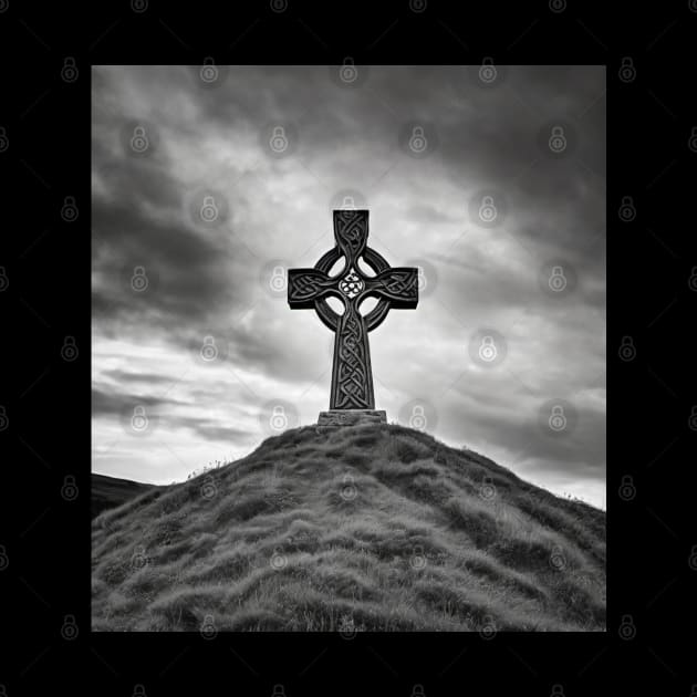 Ancient Stone Celtic Cross on a hill with the Sun shining through the cross in black and white. by DesignsbyZazz
