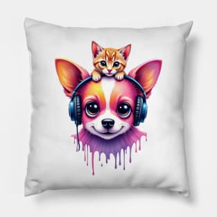 Cute dog with headphones and a cute cat on his head for both cat and dog lovers Pillow