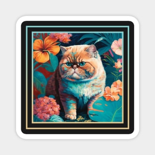 Persnickety Exotic Shorthair Cat Vibrant Tropical Flower Digital Oil Painting Pet Portrait Magnet