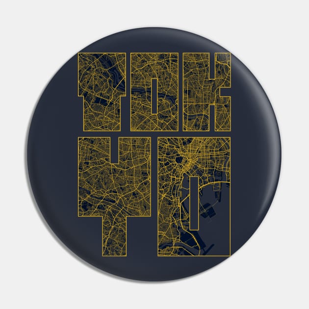 Tokyo, Japan City Map Typography - Gold Art Deco Pin by deMAP Studio