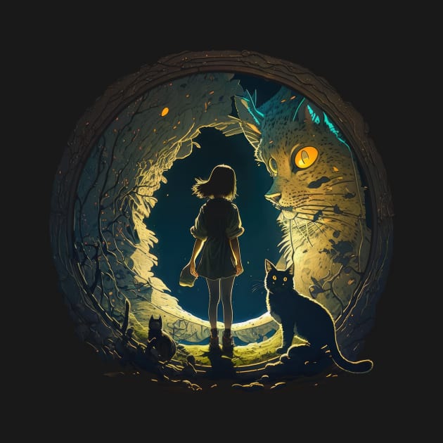 Mysterious Anime Portal: A Girl and Her Cat in Blue, Black & Yellow by YUED