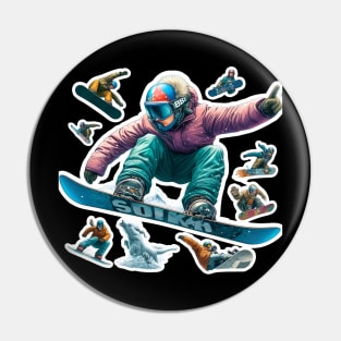 Frosty Freestyle Delight: Snowboarders' Frontside 360 Acrobatics in White, Red, Yellow, Black, Blue, and Orange Landscape Pin