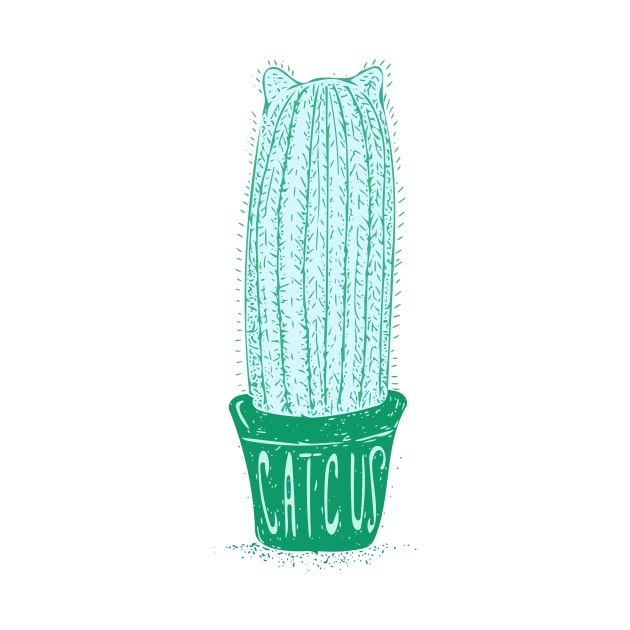 Mint Green Line Art - Catcus - Cat Cactus - Plant Lover by AnanasArt