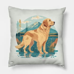 Golden Retriever in Mountain Scene Pillow