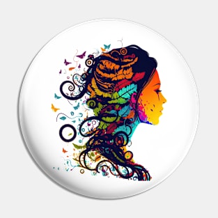 Colorful Silhouette of Woman with Feathers Pin