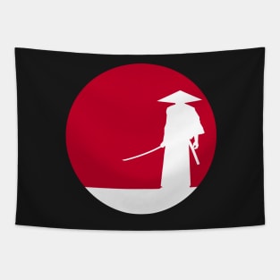 White samurai silhouette and red sun Tapestry