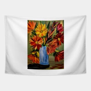 A lovely boutique of abstract vibrant bright colorful  flowers in a tall glass vase Tapestry