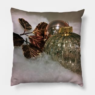 Christmas Ornaments Glass Ball and Copper Leaves- Copper and Glass on White Pillow