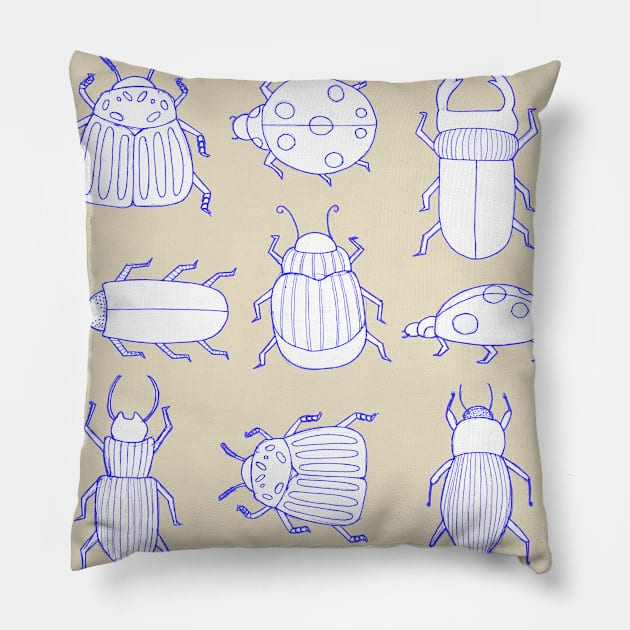 blue bugs and beetles Pillow by M. Scowen Art