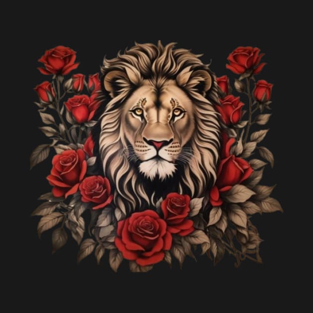 majestic lion surrounded by vibrant red roses by Wolf77