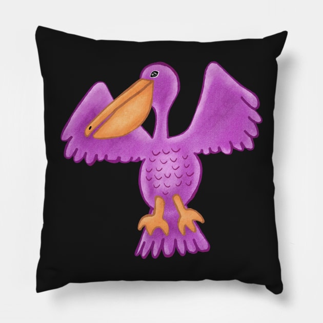 Purple Pelican flying with wings outstretched Pillow by DragonpupLees