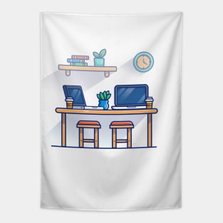 Table, Chair, Laptops, Plant, Clock, Books, And Cups Cartoon Tapestry