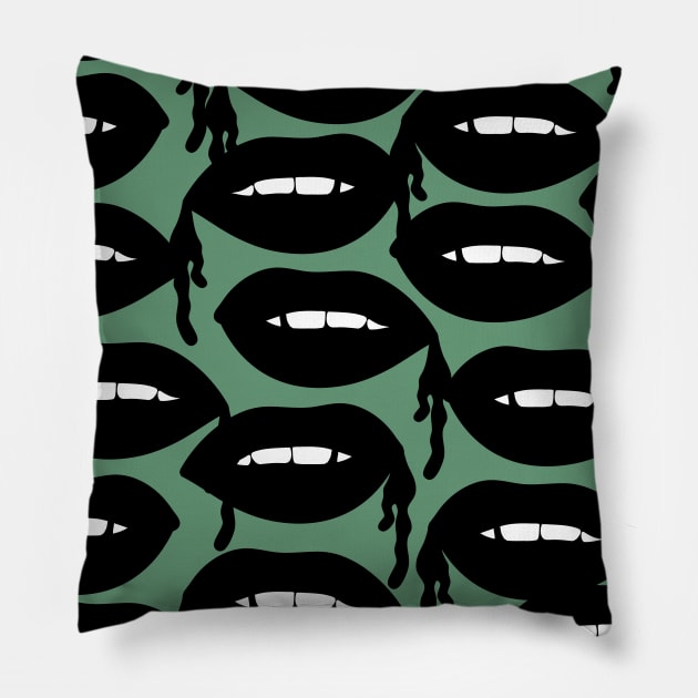 Bloody Lips Pattern in Green Pillow by notsniwart