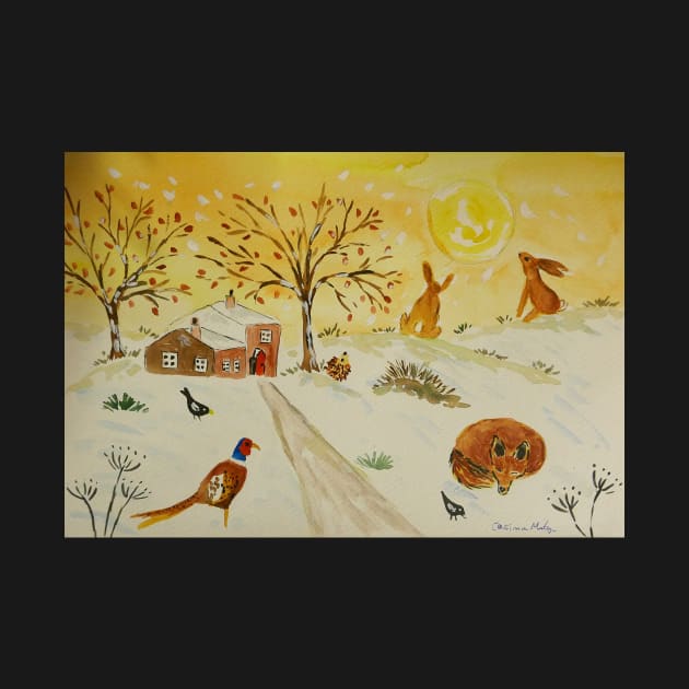 Fox, Hares and Pheasant in the Snow and Sun by Casimirasquirkyart