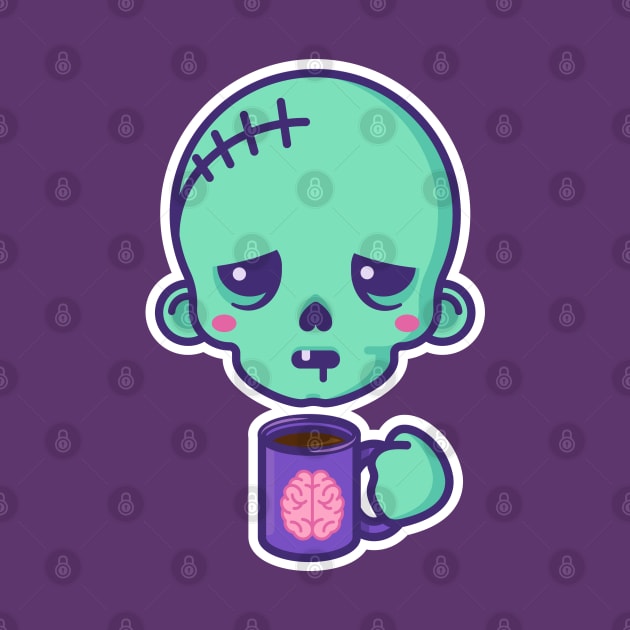 Tired kawaii zombie with brains coffee cup - white outline by Sugar & Bones