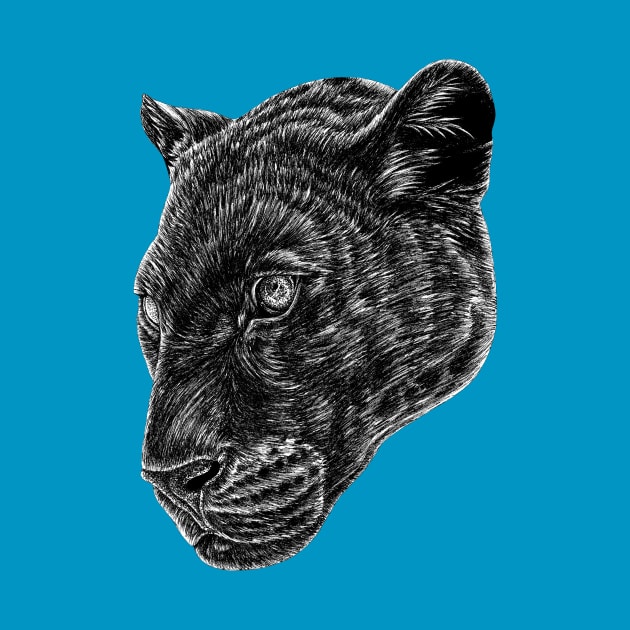 Black leopard face - panther cat animal ink illustration by lorendowding