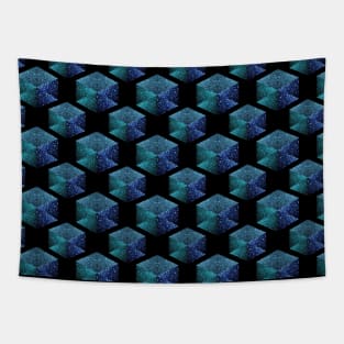 Aqua blue sparkles diamond geometric pattern on black Tapestry