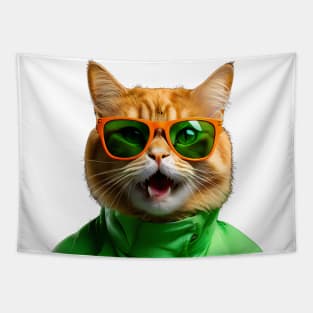 Cat in green dress with glasses Tapestry