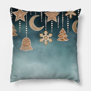 Gingerbread Christmas decorations seamless border. Ornate cookies star, moon, bell, snowflakes, Christmas tree watercolor illustration, Sweet winter décor Pillow