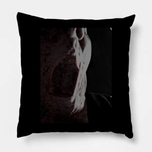Portrait, digital collage and special processing. Mouth closeup. Rage, demon, brutal. Dark and dim, slightly red. Pillow