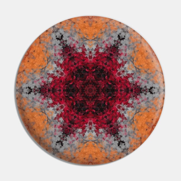 Digital Mandala Red Orange and Blue Pin by WormholeOrbital