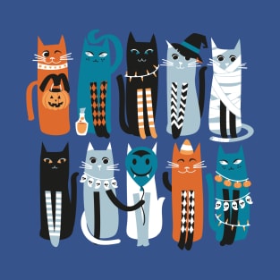 High Gothic Halloween Cats // print // blue background orange turquoise blue white and black kittens T-Shirt