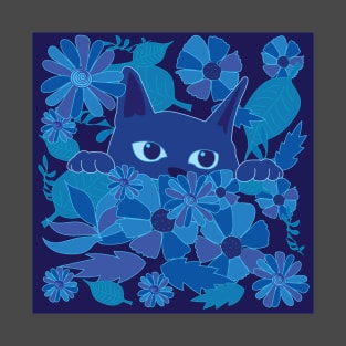 Blue Cat behind flowers T-Shirt