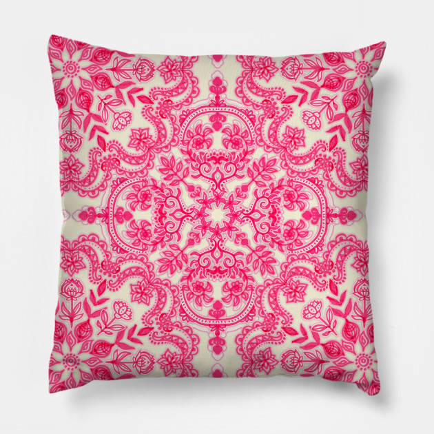 Hot Pink & Soft Cream Folk Art Pattern Throw Pillow by micklyn