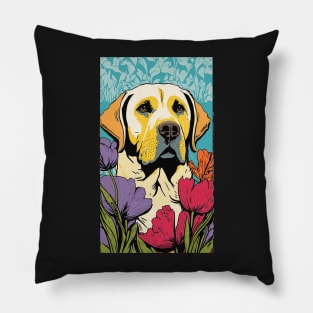 Labrador Retriever Dog Vibrant Tropical Flower Tall Retro Vintage Digital Pop Art Portrait Pillow