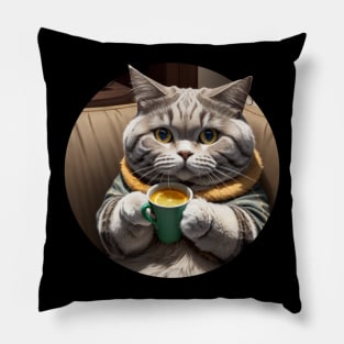 Tabby cat with cup of tea Pillow