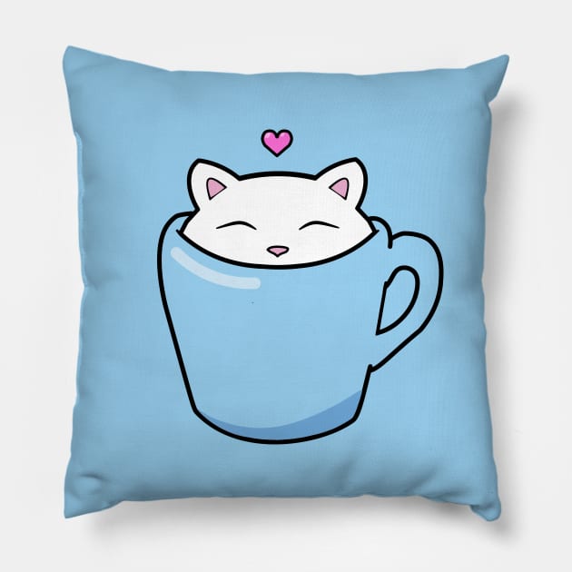 Cute cat in a blue cup Pillow by Purrfect