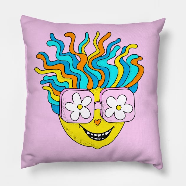 Happy Hippie Groovy Funny Retro Rainbow Character Pillow by Boriana Giormova