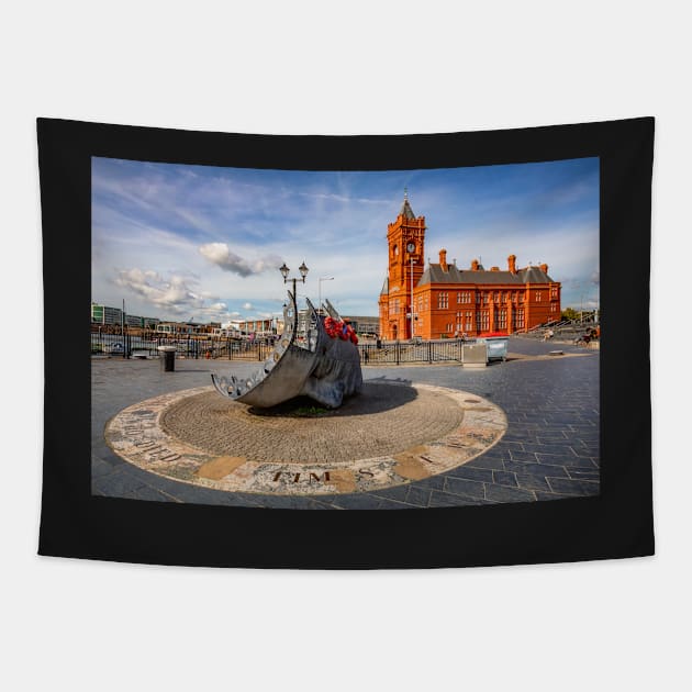 Merchant Seafarers' War Memorial, Mermaid Quay in Cardiff Bay Wales Tapestry by dasantillo