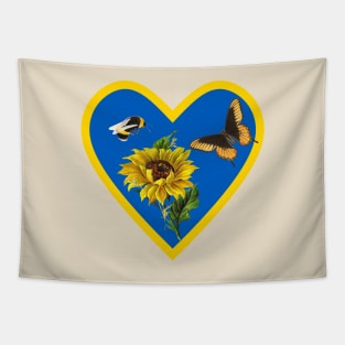 Sunflowers Bee and Butterfly in Blue and Yellow Heart Tapestry