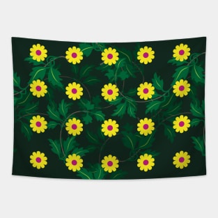 Yellow daisies with Cerise centres over layers of vine leaves on a Dark Green background Tapestry