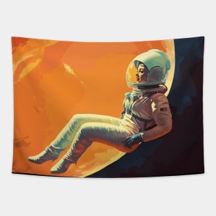 Female Astronaut in the Space, Vintage Style Art Tapestry