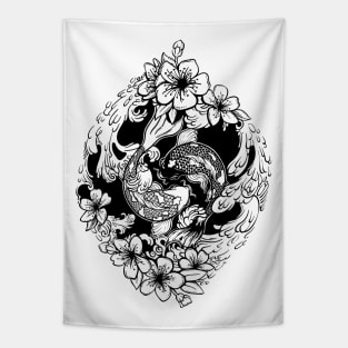 Yin Yang Koi fish in wave and sakura flowers Tapestry