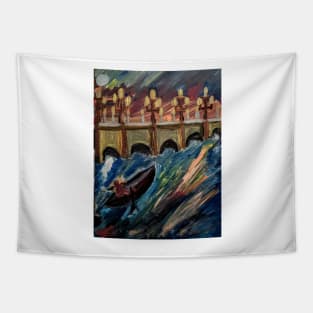 rowing under a bridge Tapestry