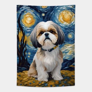 Shih Tzu Dog Breed Painting in a Van Gogh Starry Night Art Style Tapestry