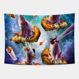 Outer Space Cats With Rainbow Laser Eyes Riding On Pizza Tapestry